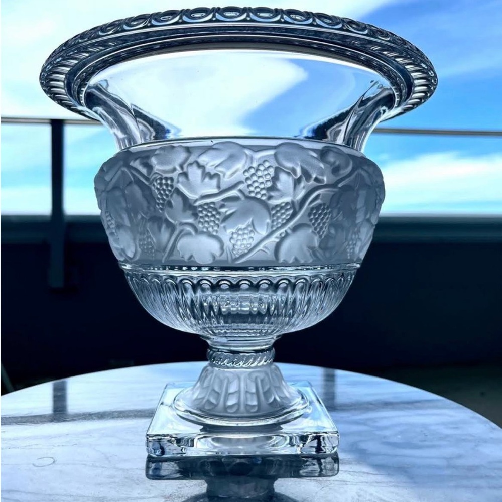 Elegant Lalique Inspired Glass Vase with Grape Design